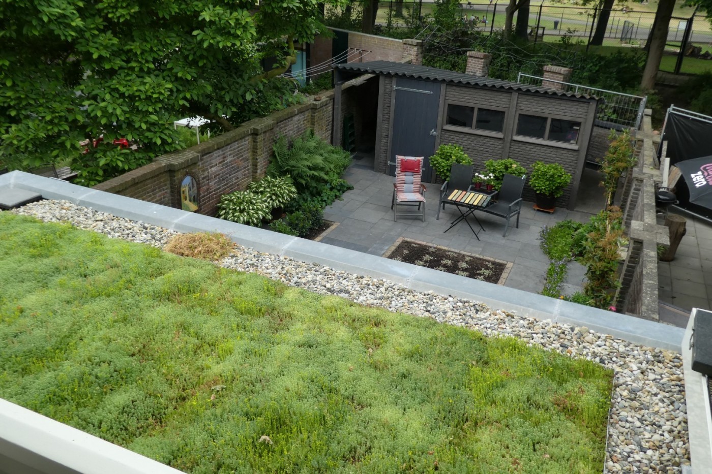 Het sedumdak en de achtertuin zorgen voor relatief veel groen in een stedelijke omgeving. 